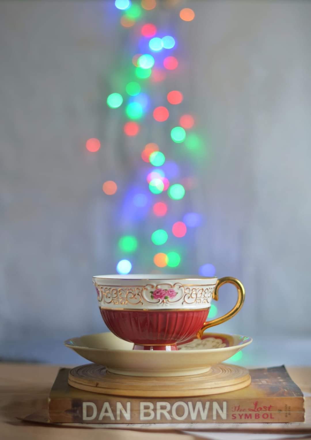 A red and white tea cup